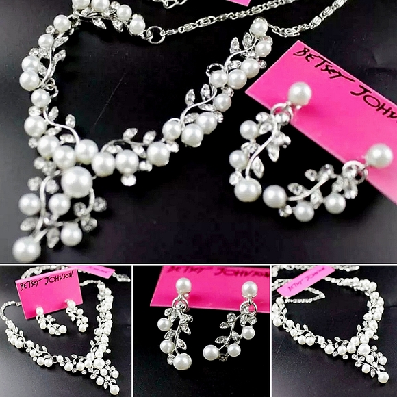 Silver Plated crystal pearl Leaf  Necklace earrings set - Picture 4 of 8